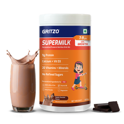 Gritzo SuperMilk Height+ Health Drink for 7-9y Girls - Double Chocolate Flavor