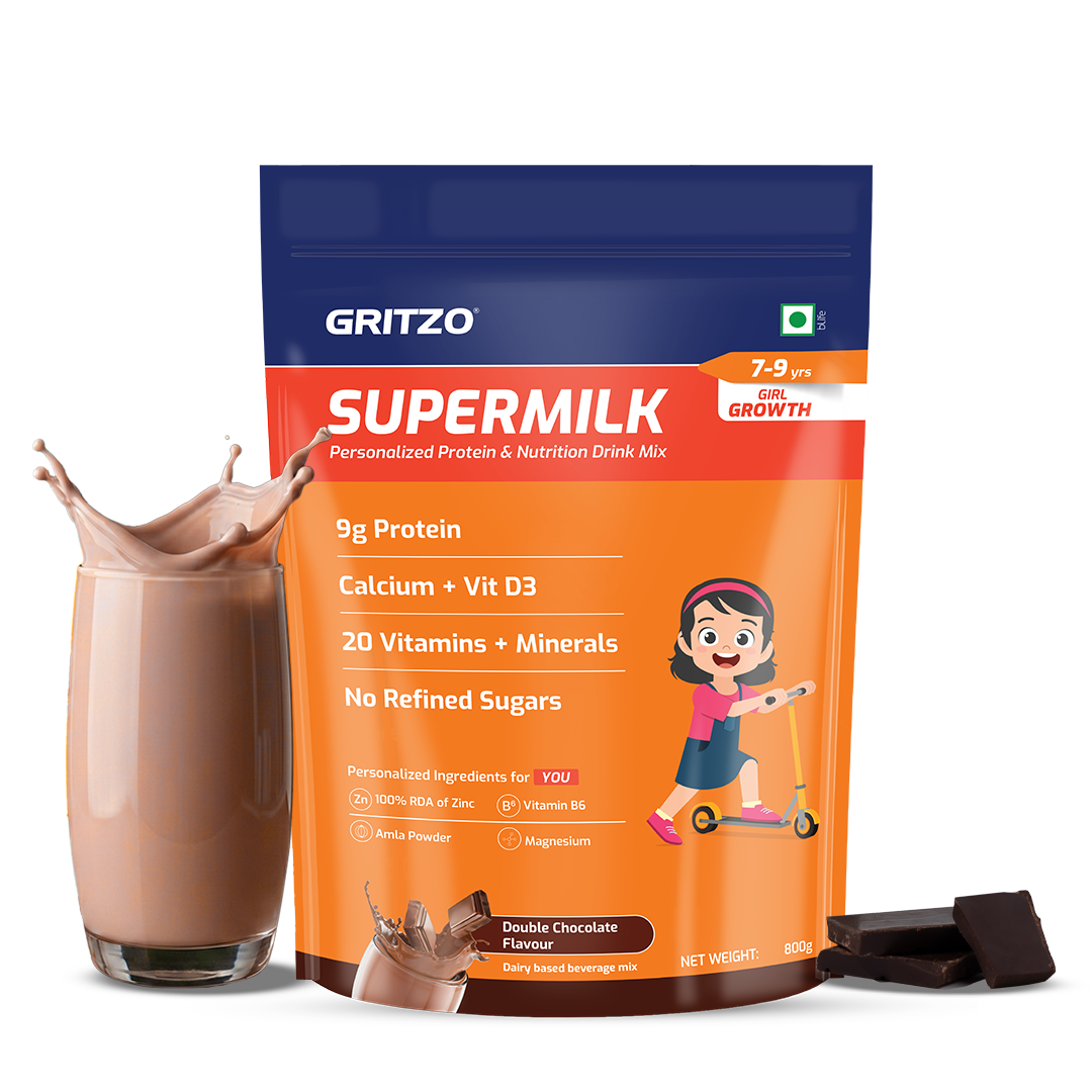 Gritzo SuperMilk Height+ Health Drink for 7-9y Girls - Double Chocolate Flavor