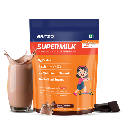 Gritzo SuperMilk Height+ Health Drink for 7-9y Girls - Double Chocolate Flavor