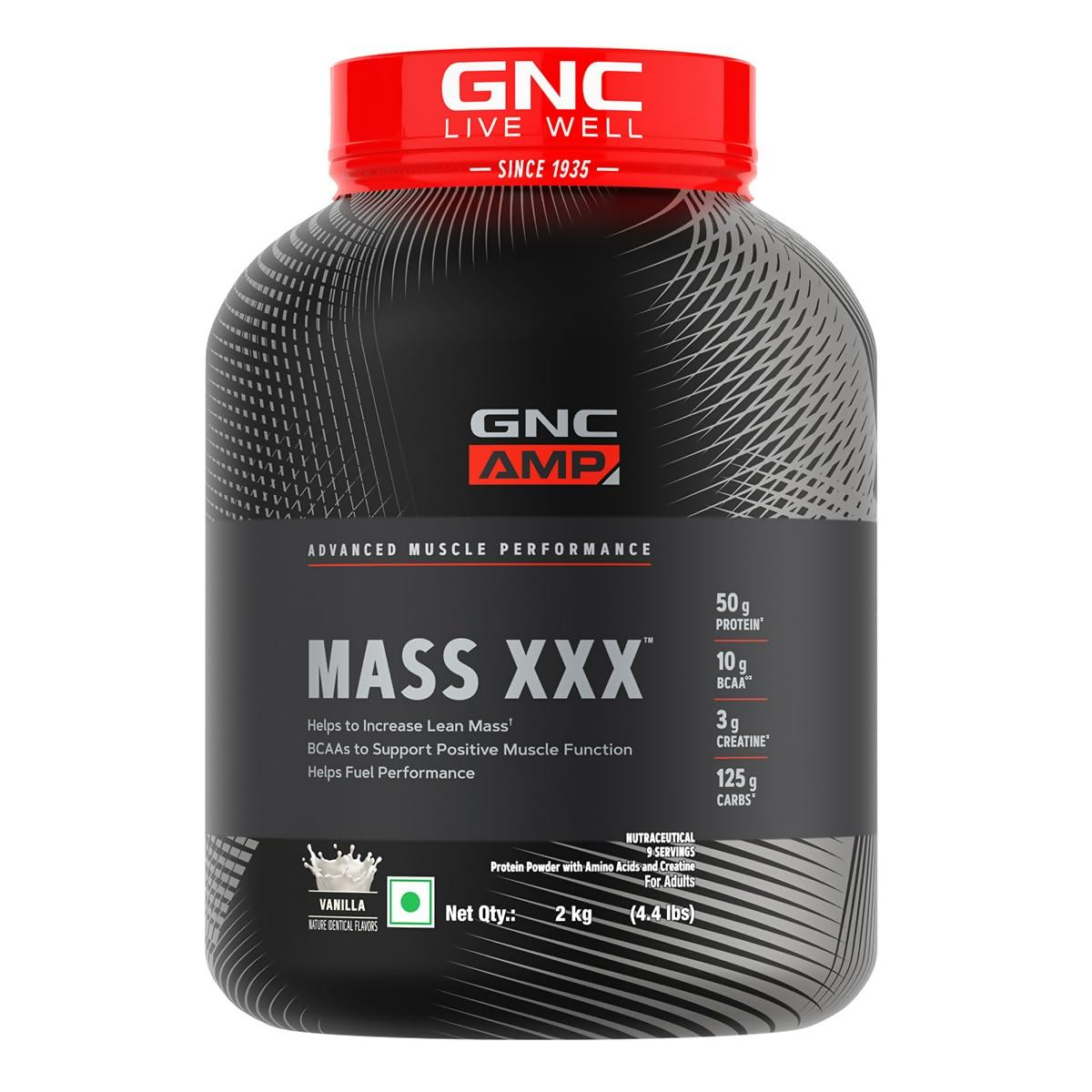 GNC AMP XXX Mass Gainer Ayurvedic protein powder in vanilla flavor, showing the container with scoop and powder inside.