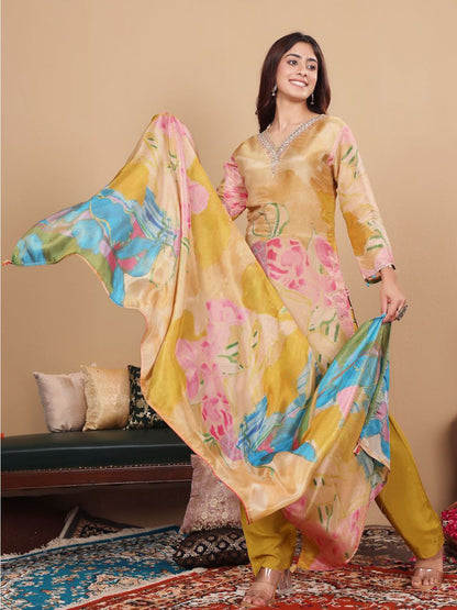 Indyancart VA Floral Embroidered Pure Silk Straight Kurta with Palazzos & With Dupatta