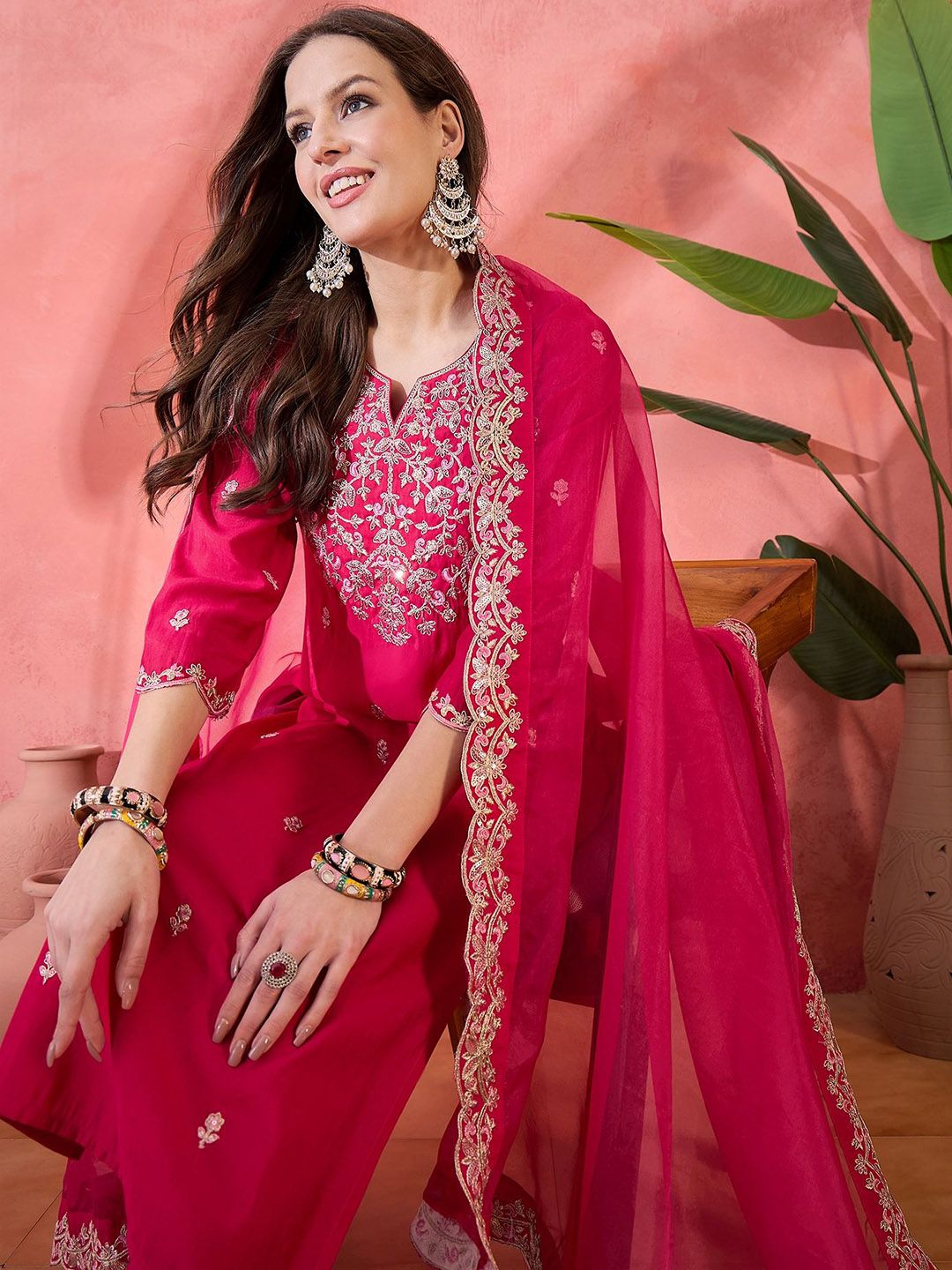 Indyancart SN Women's Solid Embroidered Kurta with Pyjama & Dupatta