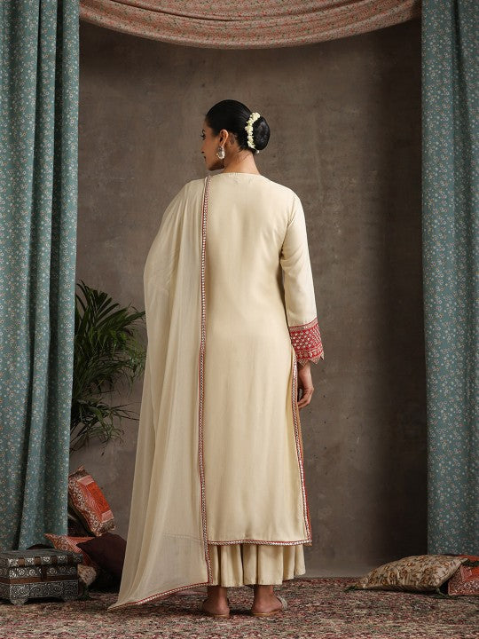 Women's Geometric Embroidered Mirror Work A-Line Kurta With Sharara & Dupatta