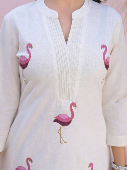 Indyancart IE Embroidered Mandarin Collar Pure Cotton Tunic With Palazzos