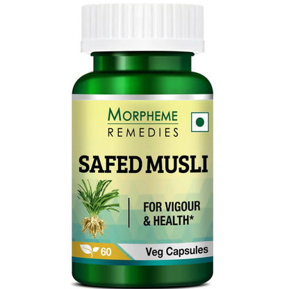 Morpheme Remedies Safed Musli capsule bottle with white capsules inside, natural herbal supplement for health.