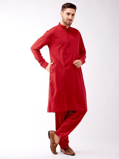 Men's Maroon Cotton Blend Pathani Kurta and Patiala Set