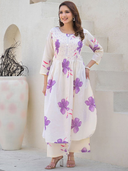 Floral Printed Round Neck Pleated Pure Cotton A-Line Kurta With Palazzos