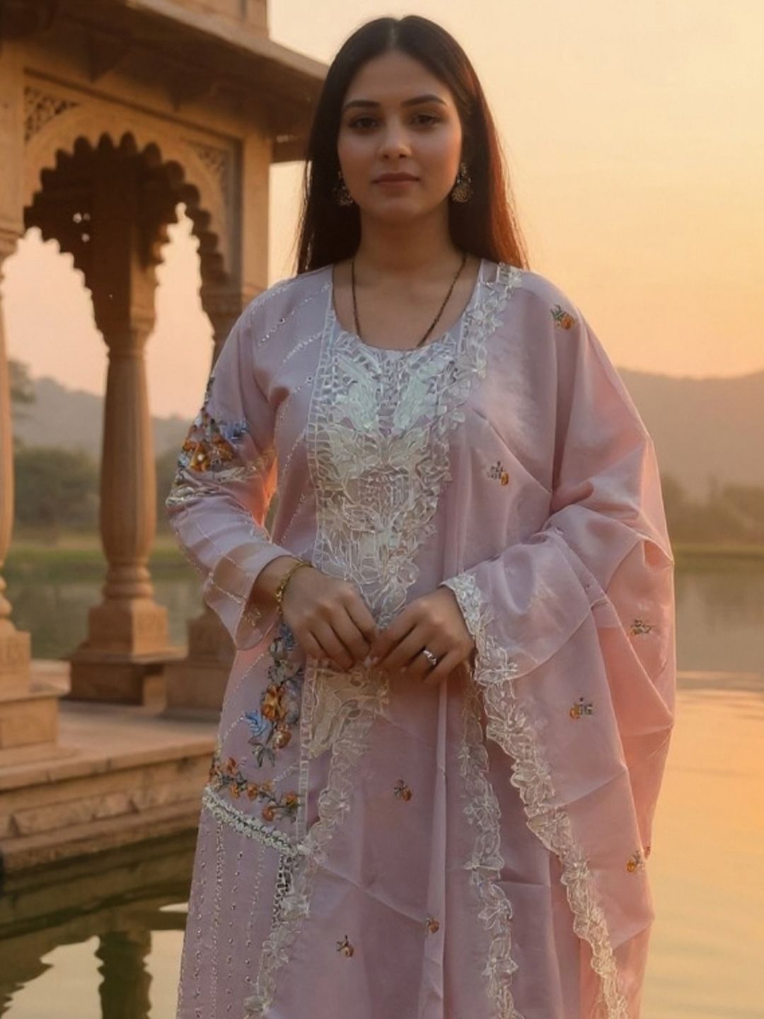 Women Floral Embroidered Cotton Kurta with Trousers & Dupatta