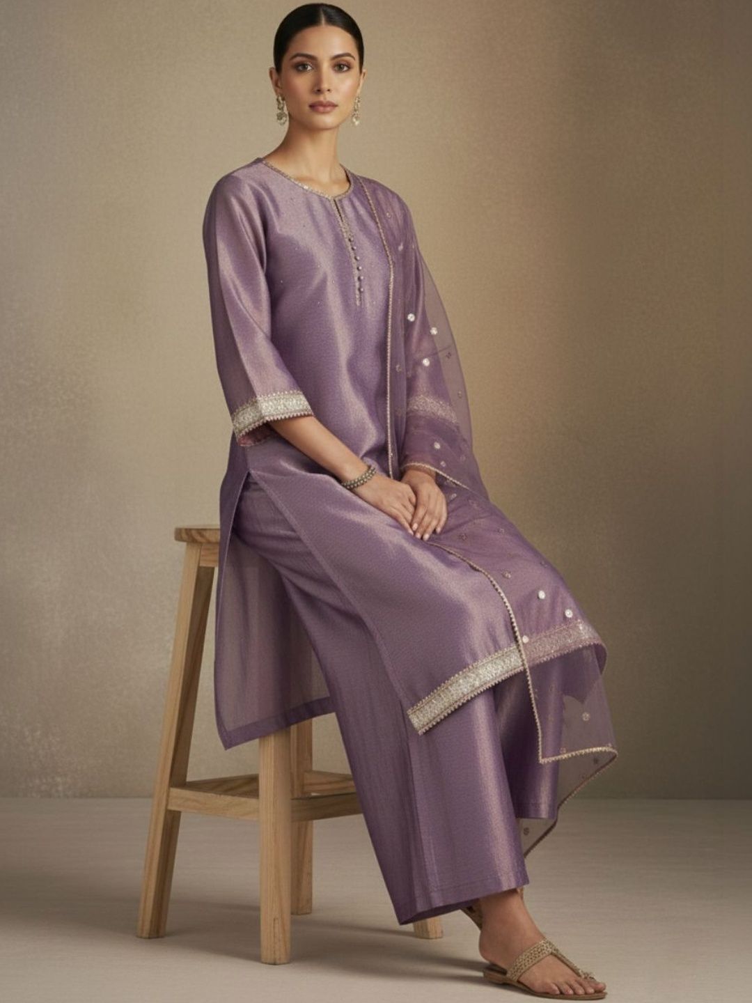 Indyancart VA Women Regular Sequinned Kurta with Palazzos & With Dupatta