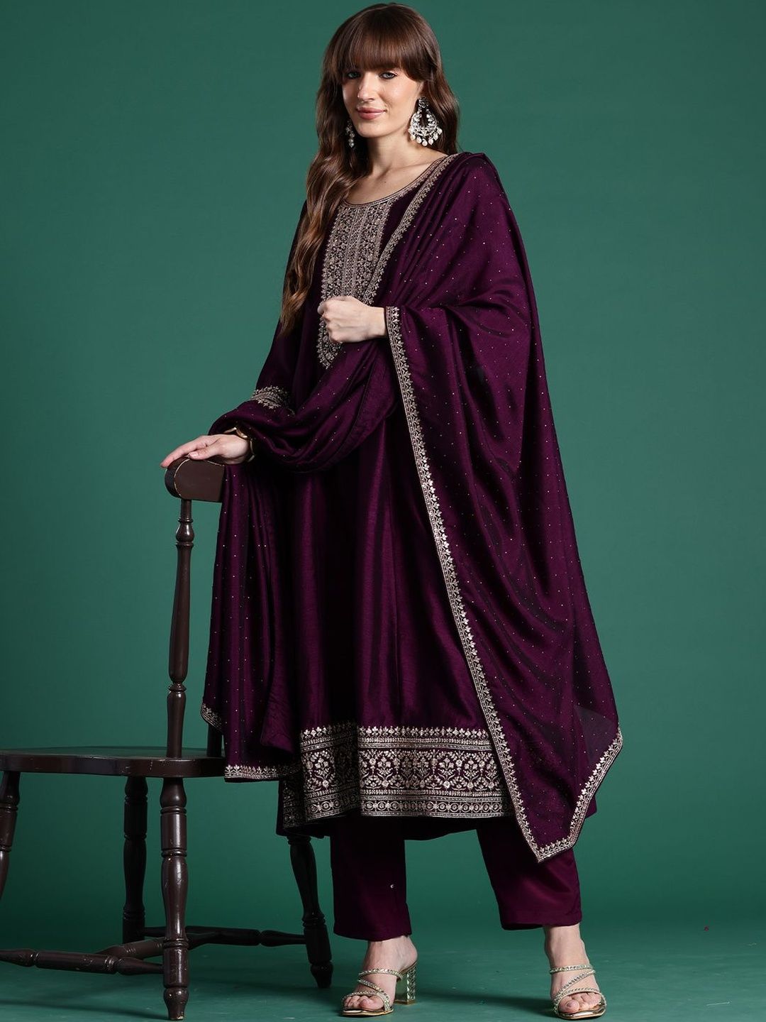 Women Ethnic Motifs Embroidered Panelled Thread Work Kurta with Trousers & With Dupatta