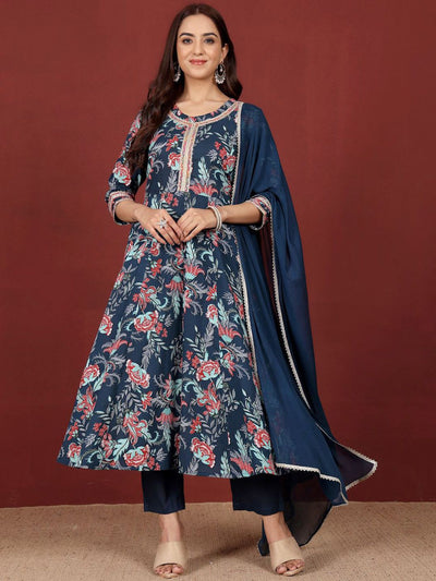 Indyancart VA Women's Floral Printed Regular Pure Cotton Kurta, Trousers with Dupatta