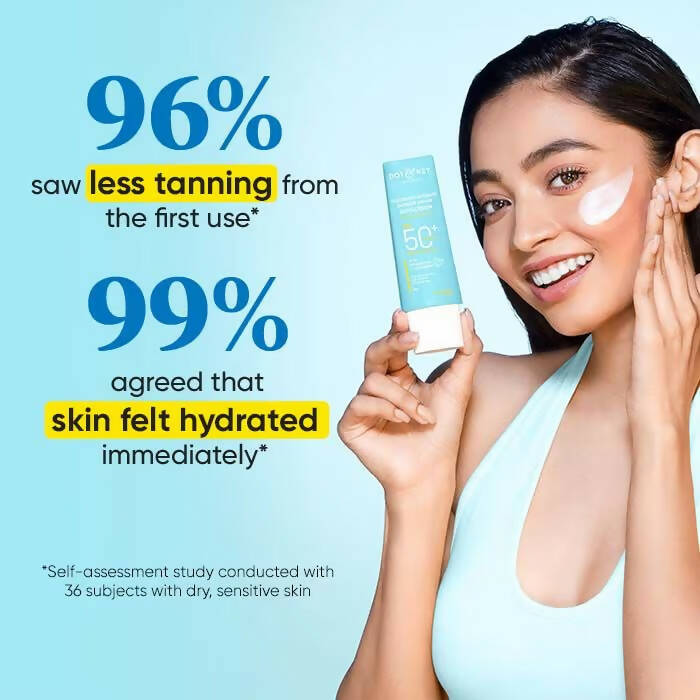 Dot & Key Blueberry Hydrating Barrier Repair Sunscreen SPF 50+ with hyaluronic acid and ceramides, shown in a sleek tube on a white background.