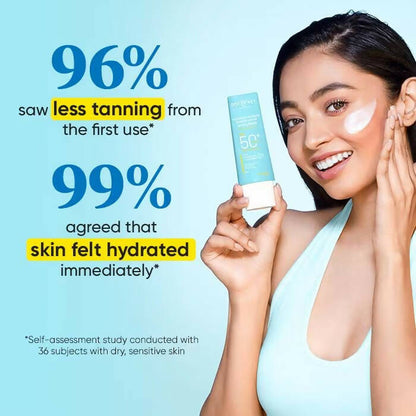 Dot & Key Blueberry Hydrating Barrier Repair Sunscreen SPF 50+ with hyaluronic acid and ceramides, shown in a sleek tube on a white background.