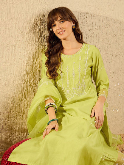 Indyancart IE Women Ethnic Motifs Embroidered Regular Aari Work Liva Kurta with Trousers & With Dupatta