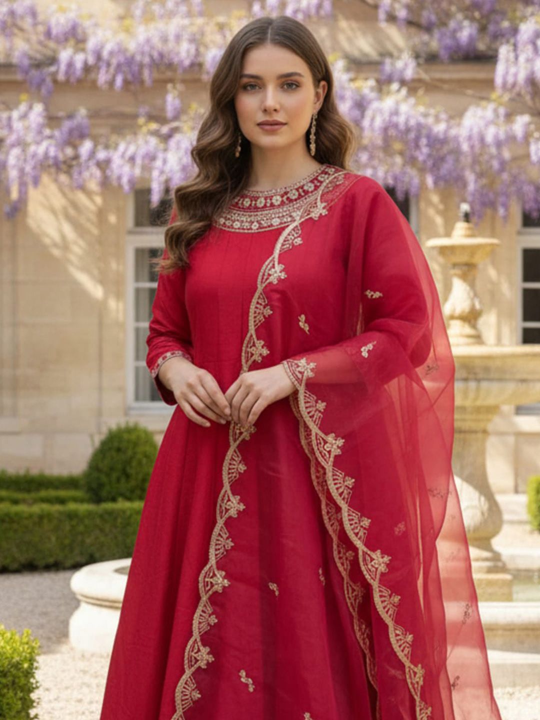 Floral Embroidered Zari Work Panelled Anarkali Kurta With Trouser & Dupatta