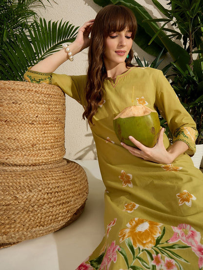 Indyancart IE Printed Notch Neck Straight Pure Cotton Kurta With Pants