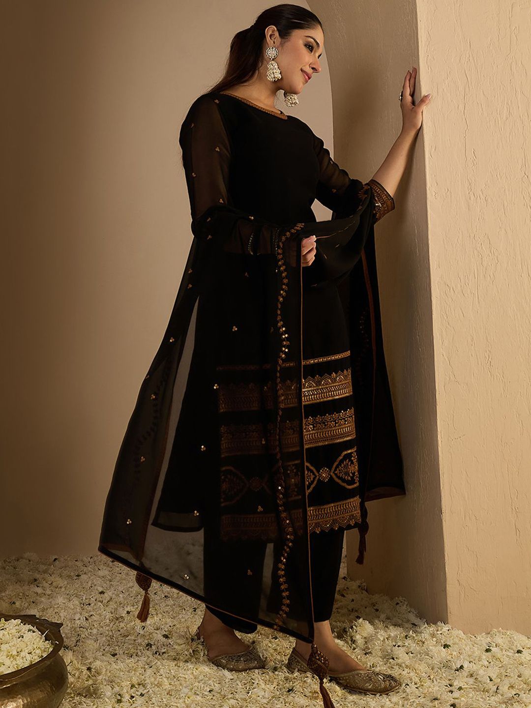 Indyancart IE Women's Women Ethnic Motifs Printed Kurta with Palazzos & Dupatta