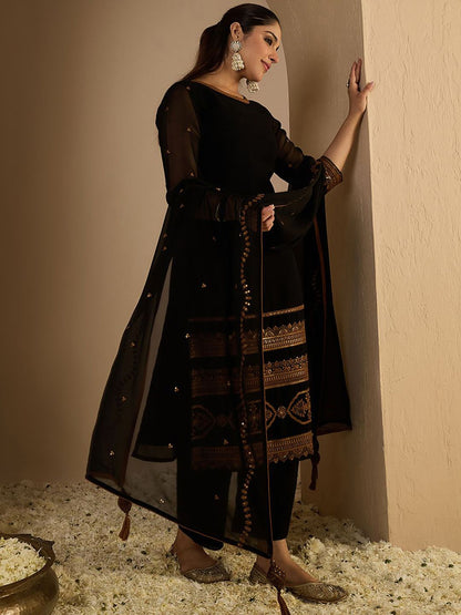 Indyancart IE Women's Women Ethnic Motifs Printed Kurta with Palazzos & Dupatta