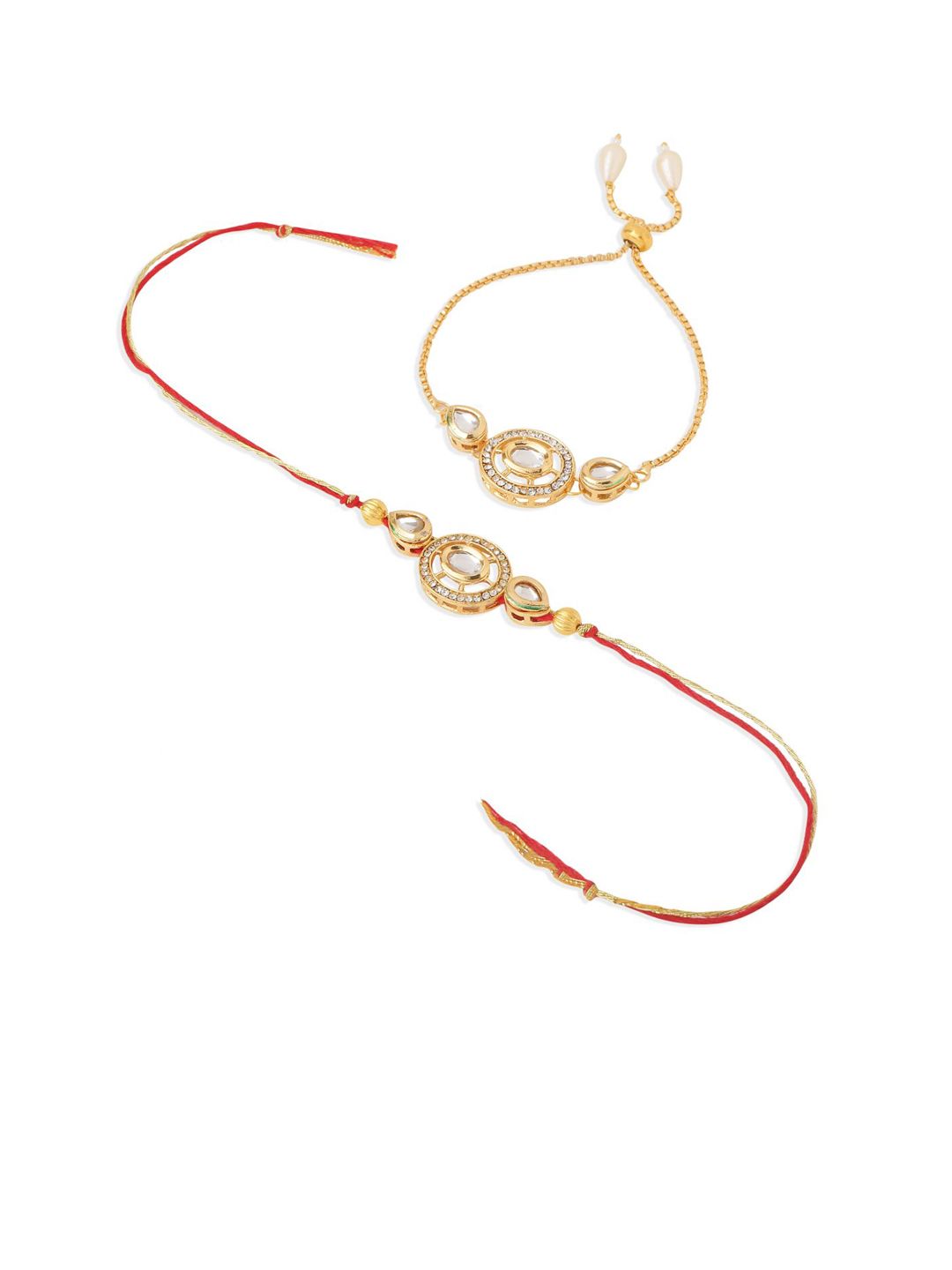 Anouk Set Of 2 Gold Toned Kundan Bhaiya Bhabhi Rakhi With Roli Chawal Chandan Mishri