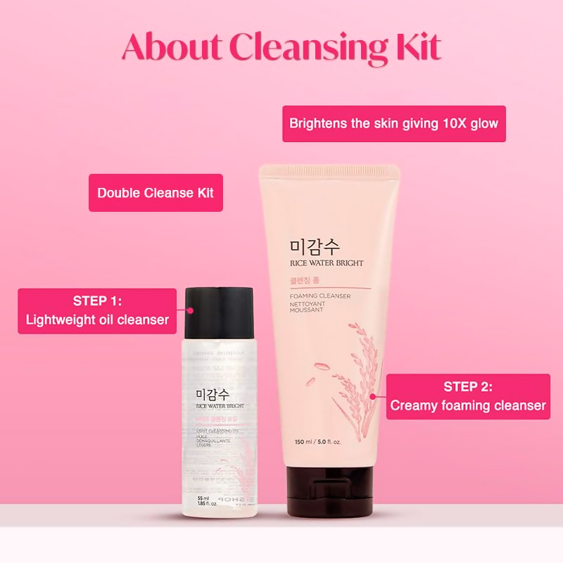 The Face Shop Rice Water Bright Kit with a face wash and skincare products, featuring packaging in white and soft pink tones.