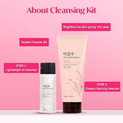 The Face Shop Rice Water Bright Kit with a face wash and skincare products, featuring packaging in white and soft pink tones.