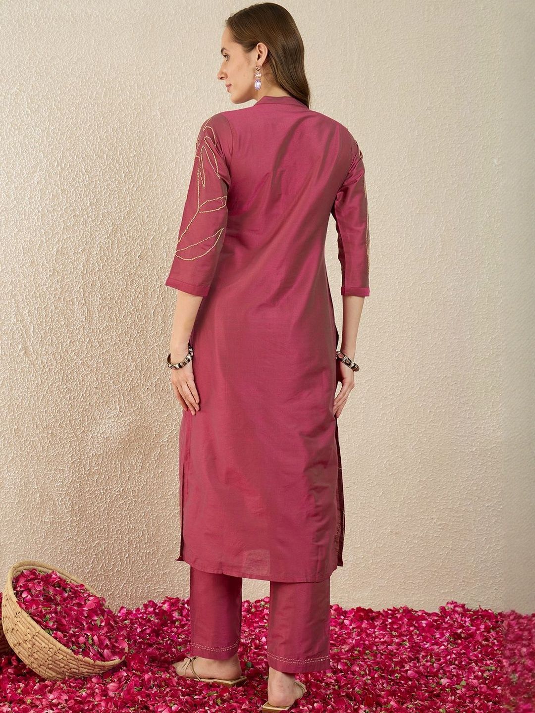 Indyancart IE Printed Mandarin Collar Three-Quarter Sleeves Pure Cotton Top With Trousers