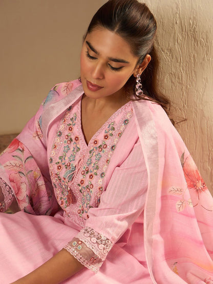 Dhiyona IE Floral Yoke Design Straight Thread Work Pure Cotton Kurta with Trousers & Dupatta