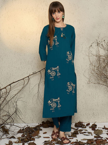 Women Printed Regular Thread Work Pure Cotton Kurta with Trousers
