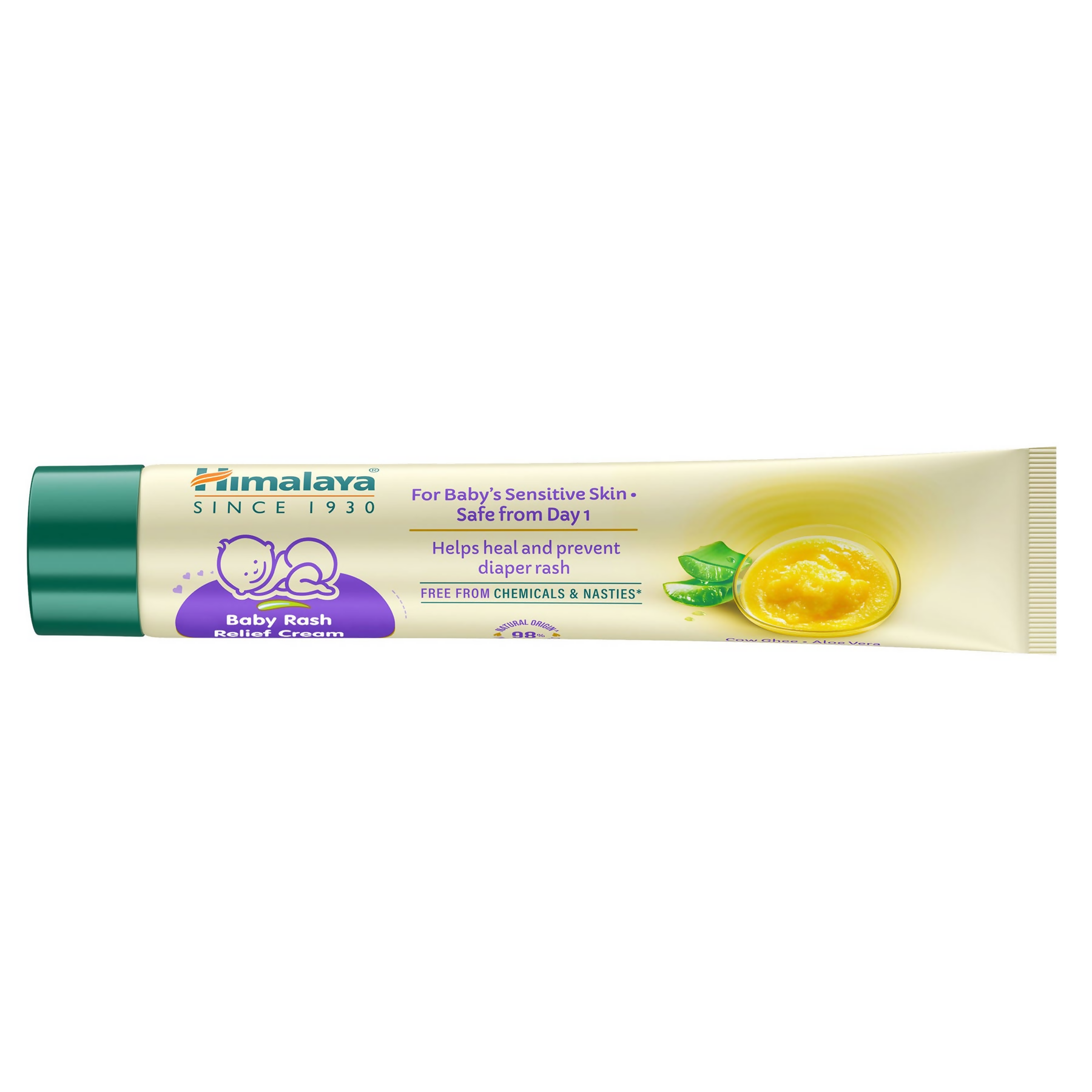 Himalaya Herbals Baby Rash Relief Cream with pure cow ghee, shown as a gentle baby body lotion in a white tube with a blue cap.