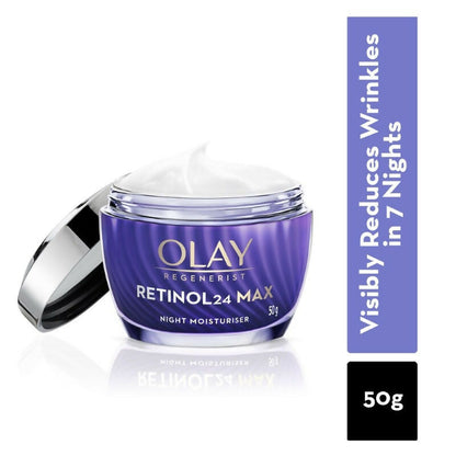 Olay Retinol24 Max Night Moisturizer in a jar, creamy face moisturizer with smooth texture, designed for nighttime skincare.