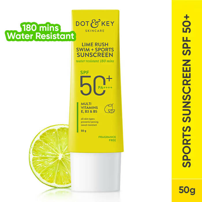 Dot & Key Lime Rush SPF 50+ sunscreen tube, hydrating and lightweight, designed for swim and sports protection from sun damage.