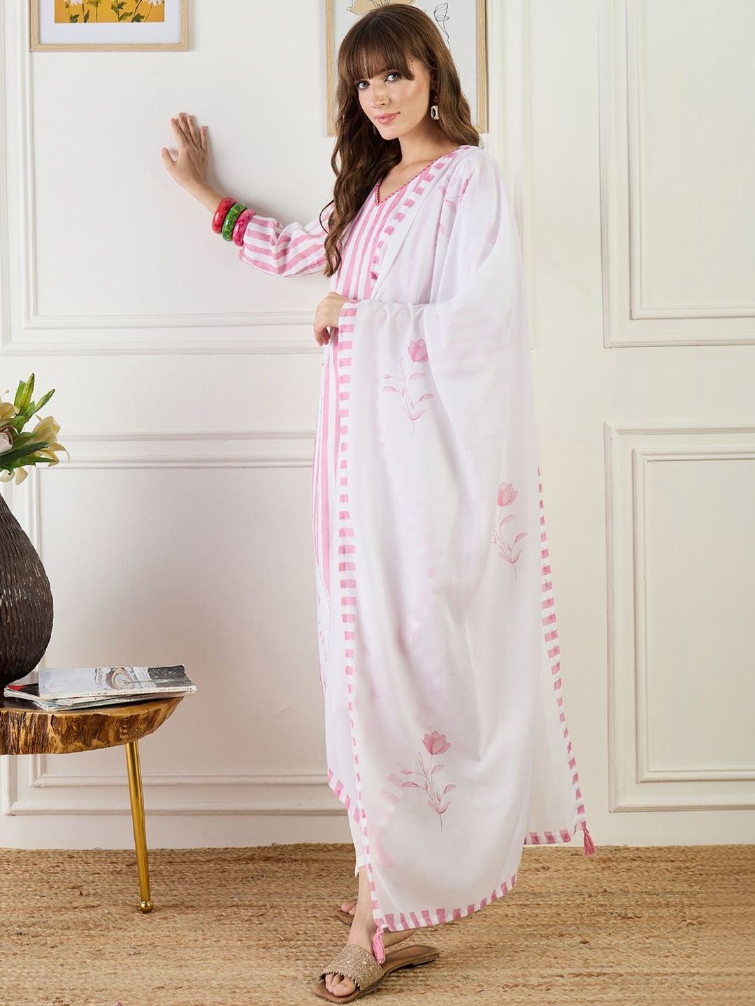 Women Striped Regular Linen Kurta with Trousers & With Dupatta