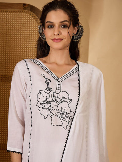 Indyancart SN Women's Floral Embroidered Thread Work Pure Silk Straight Kurta & Trousers With Dupatta