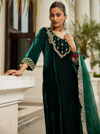 Dhiyona IE Women Ethnic Motifs Embroidered Regular Velvet Kurta with Trousers & Dupatta