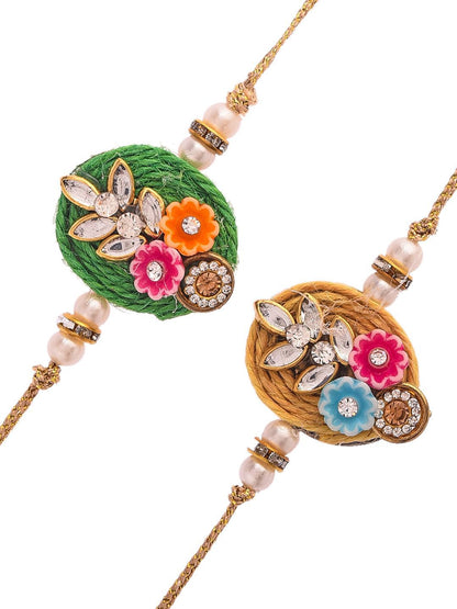 Anouk Set Of 2 Green Beaded Rakhi With Roli Rice & Greeting Card
