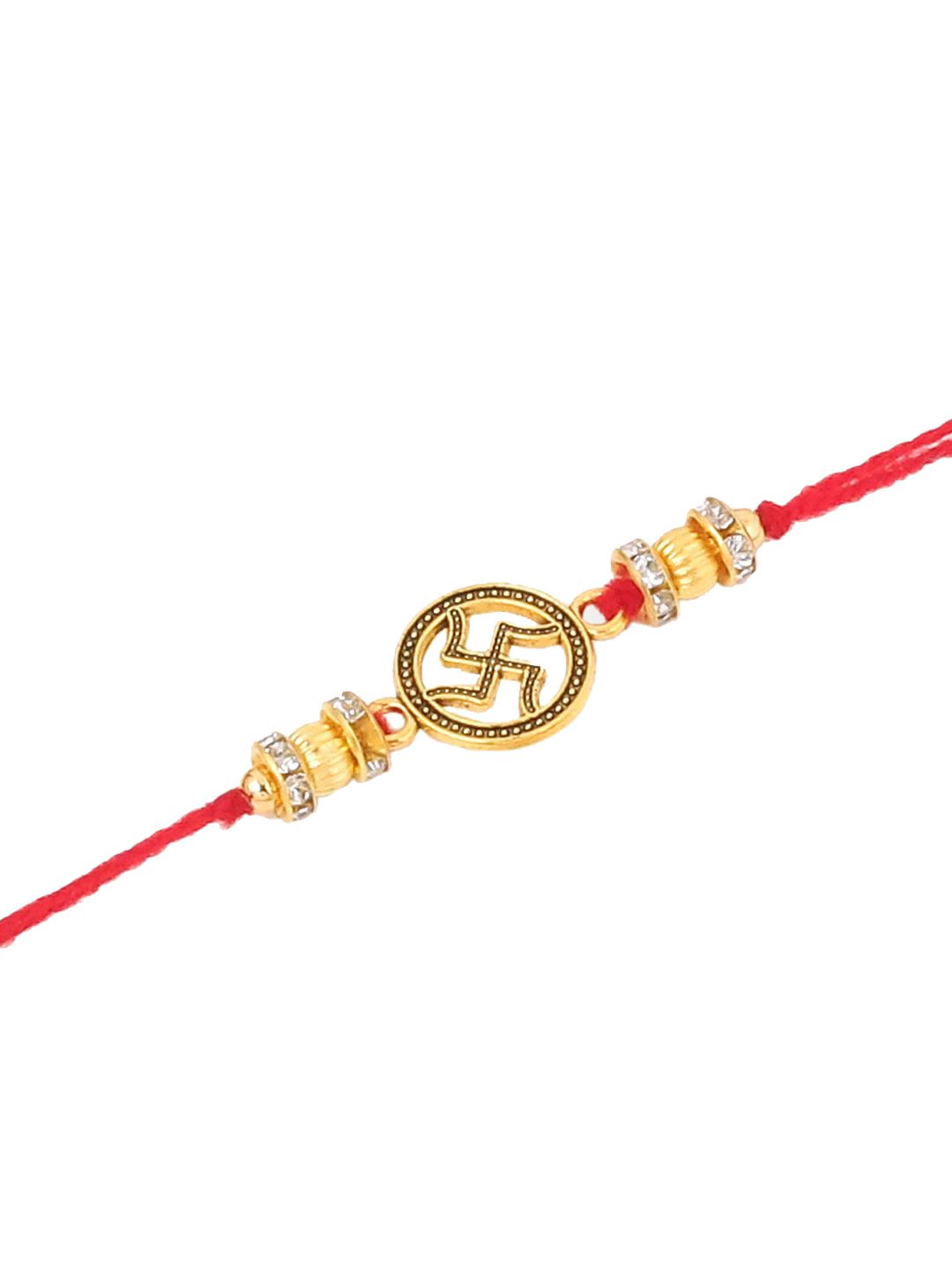 Anouk Men Set Of 4 Gold Toned Artificial Stones Swastik Design Thread Rakhi