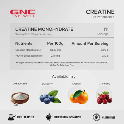GNC Pro Performance Creatine Monohydrate Cranberry Ayurvedic protein powder container with label showing product details.