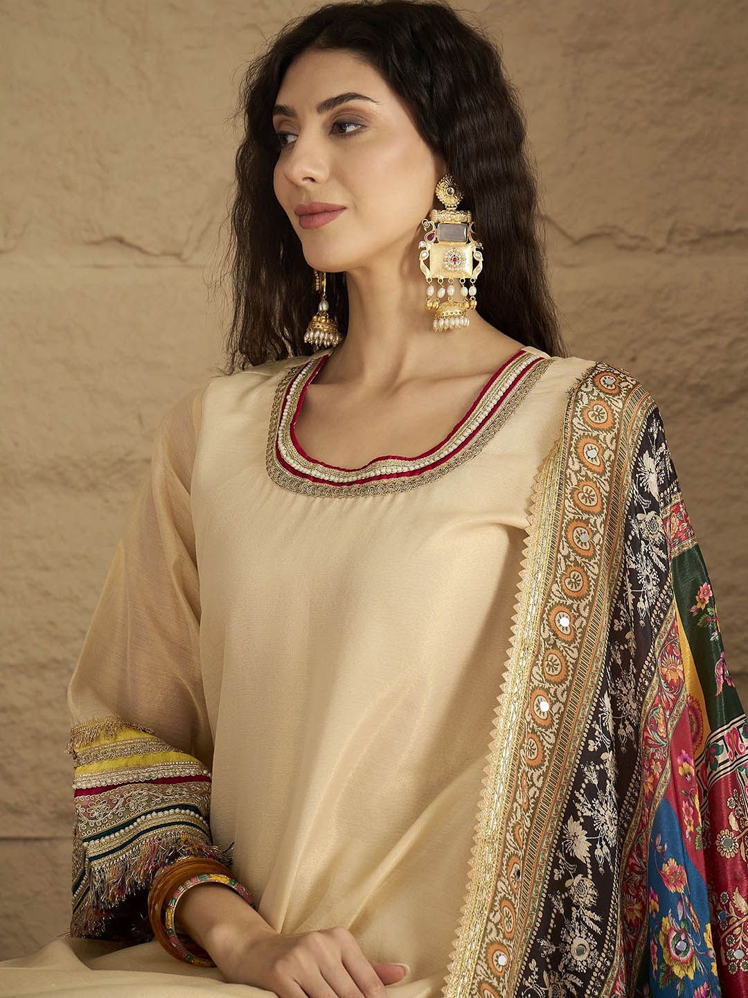 Indyancart VA Yoke Design Round Neck Straight Kurta With Palazzos And Dupatta
