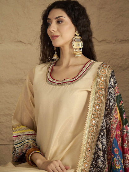Indyancart VA Yoke Design Round Neck Straight Kurta With Palazzos And Dupatta