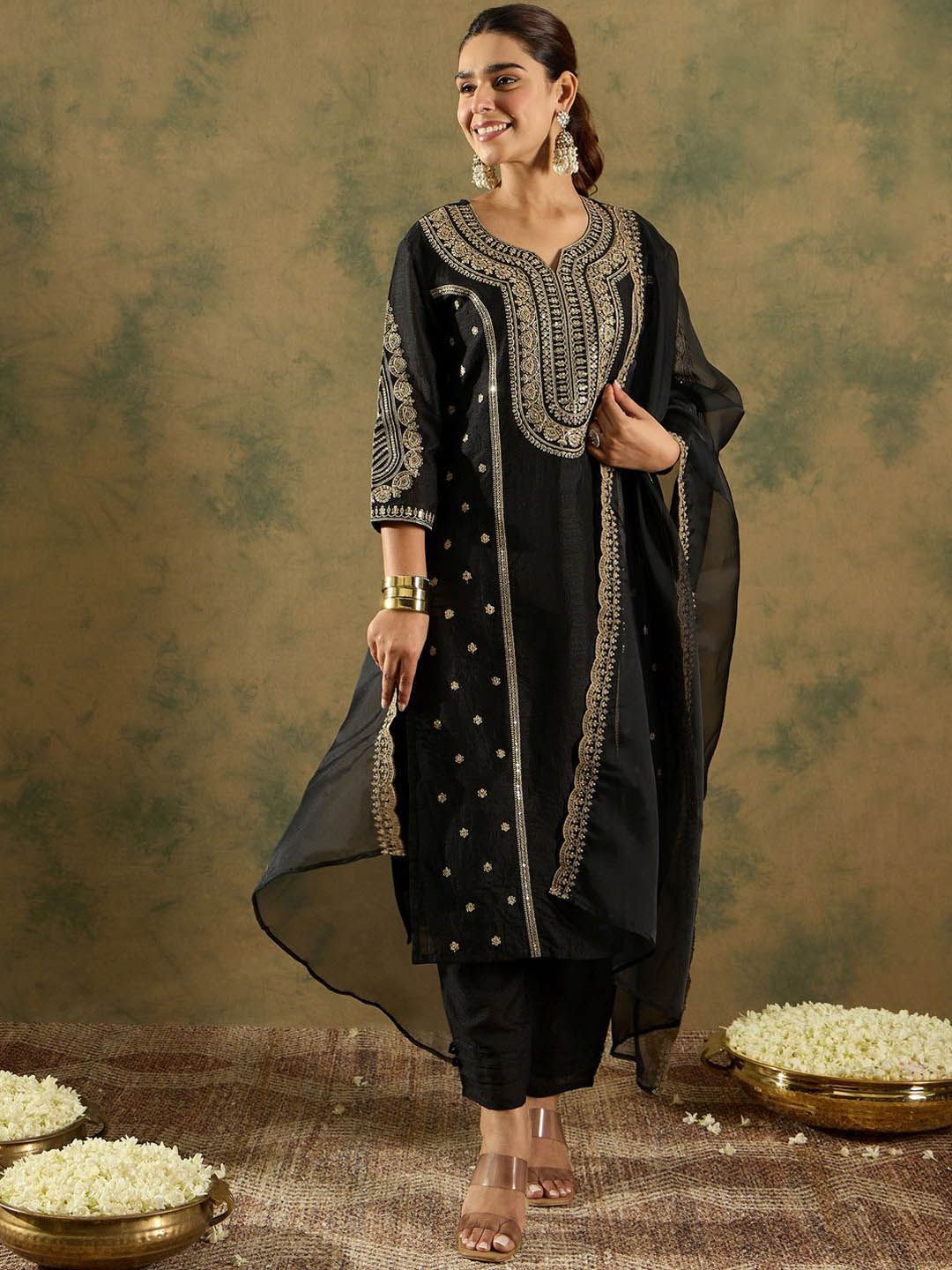 Ethnic Motifs Embroidered Panelled Kurta With Trousers & Dupatta