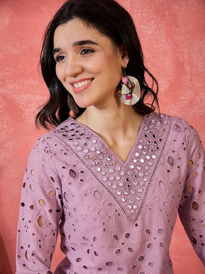 Indyancart SN Women's Geometric Embroidered Mirror Work Pure Cotton Straight Kurta With Trousers