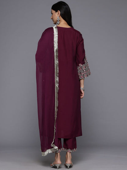 Dhiyona VA Women'sPurple Floral Embroidered Regular Sequinned Kurta With Trouser With Dupatta