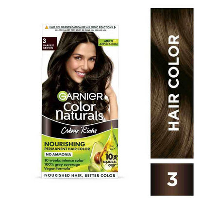 Garnier Color Naturals Creme Riche Hair Color in Shade 3 Darkest Brown showing the hair dye box with rich brown color and branding