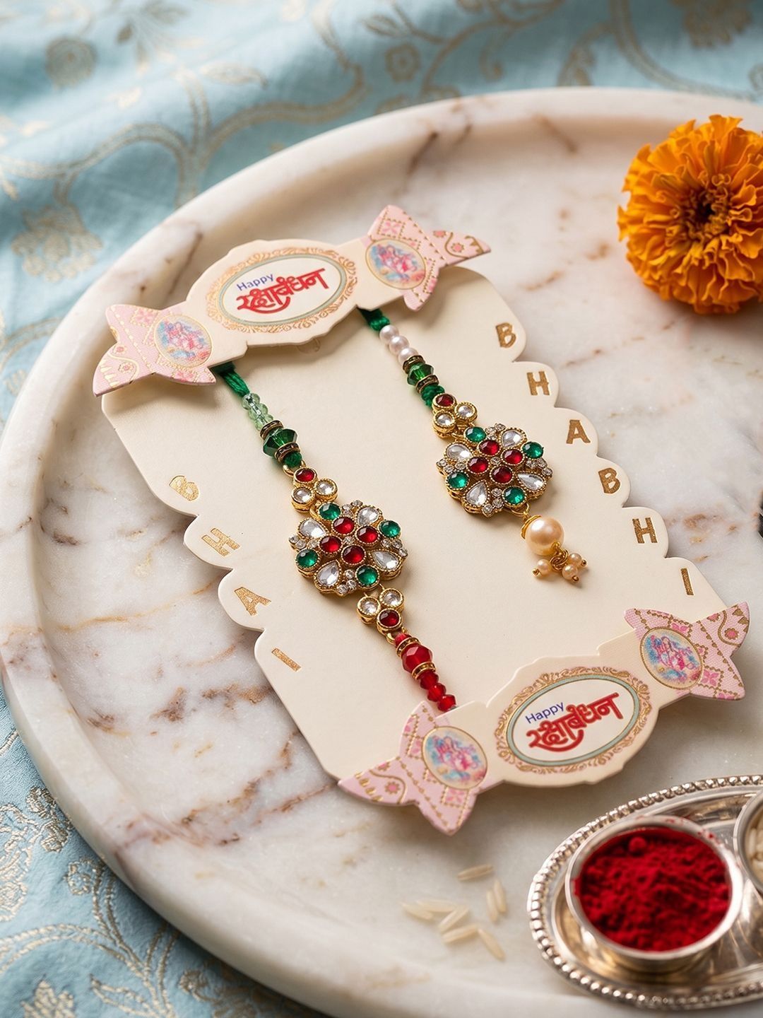 Anouk Set Of 2 Floral Design Kundan Studded Bhaiya Bhabhi Rakhi With Roli Chawal Chandan