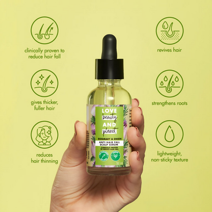 Love Beauty And Planet Onion & Rosemary Hair Serum in a clear bottle, designed to reduce hair fall and promote scalp health.