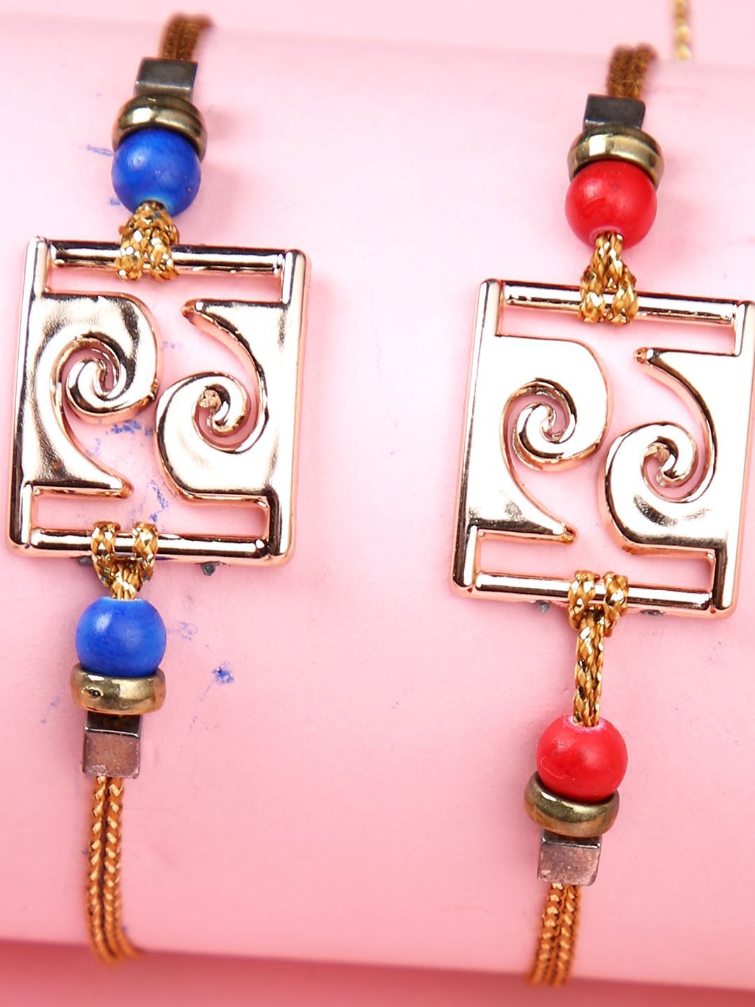 Anouk Red Set Of 2 Beaded Square Charm Thread Rakhis With Roli Chawal & Greeting Card