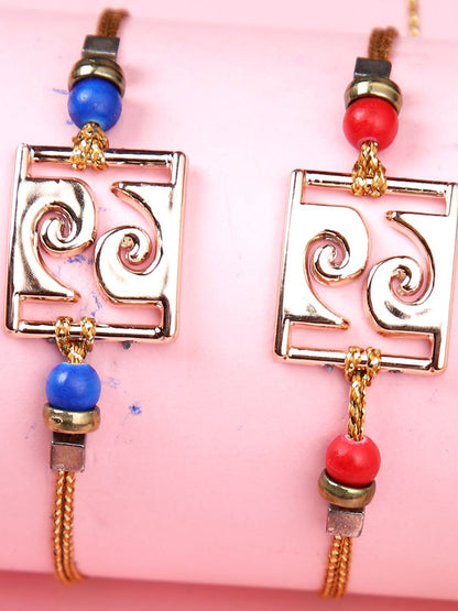 Anouk Red Set Of 2 Beaded Square Charm Thread Rakhis With Roli Chawal & Greeting Card