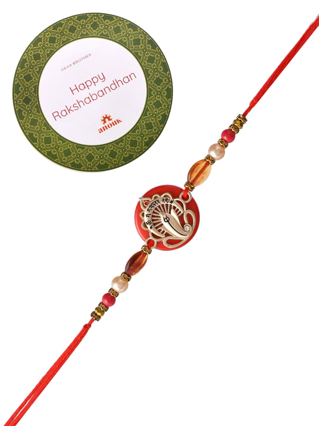 Anouk Red Resin-Based Ganesha Rakhi With Roli Chawal & Greeting Card