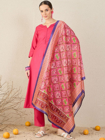 Notch Neck A-Line Kurta With Trousers & Dupatta Set