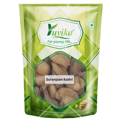 Yuvika Suranjaan Kadvi Ayurvedic herbal supplement in a glass jar, made from Colchicum Luleum, used for traditional medicinal purposes